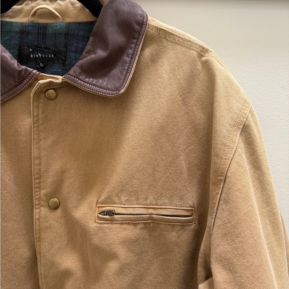 Men's Vintage Tan Barn Jacket with Brown Leather Collar - Picture 2 of 10